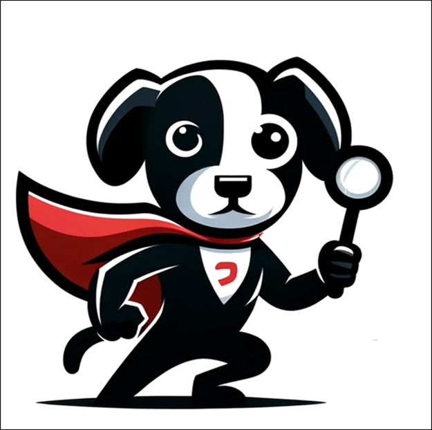 A cartoon-dog wearing a hero-cape, holding a magnifying glass.